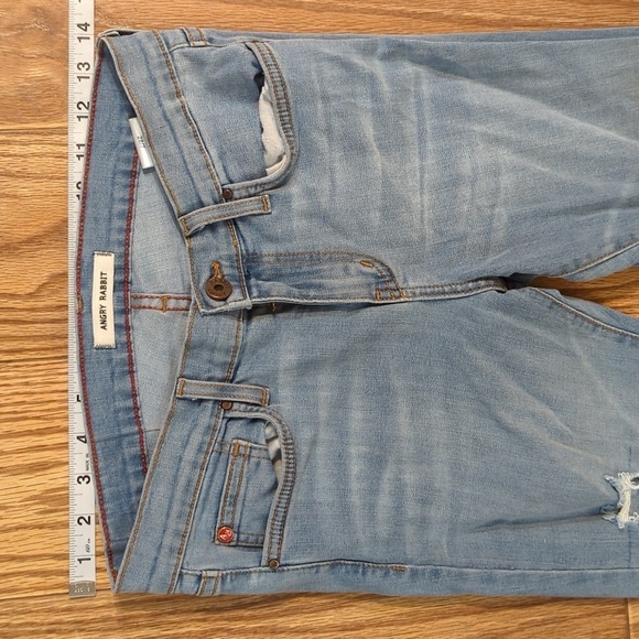 Light wash distressed skinny ankle jeans w/ stretch & raw hem, Angry Rabbit 28" - Picture 2 of 7